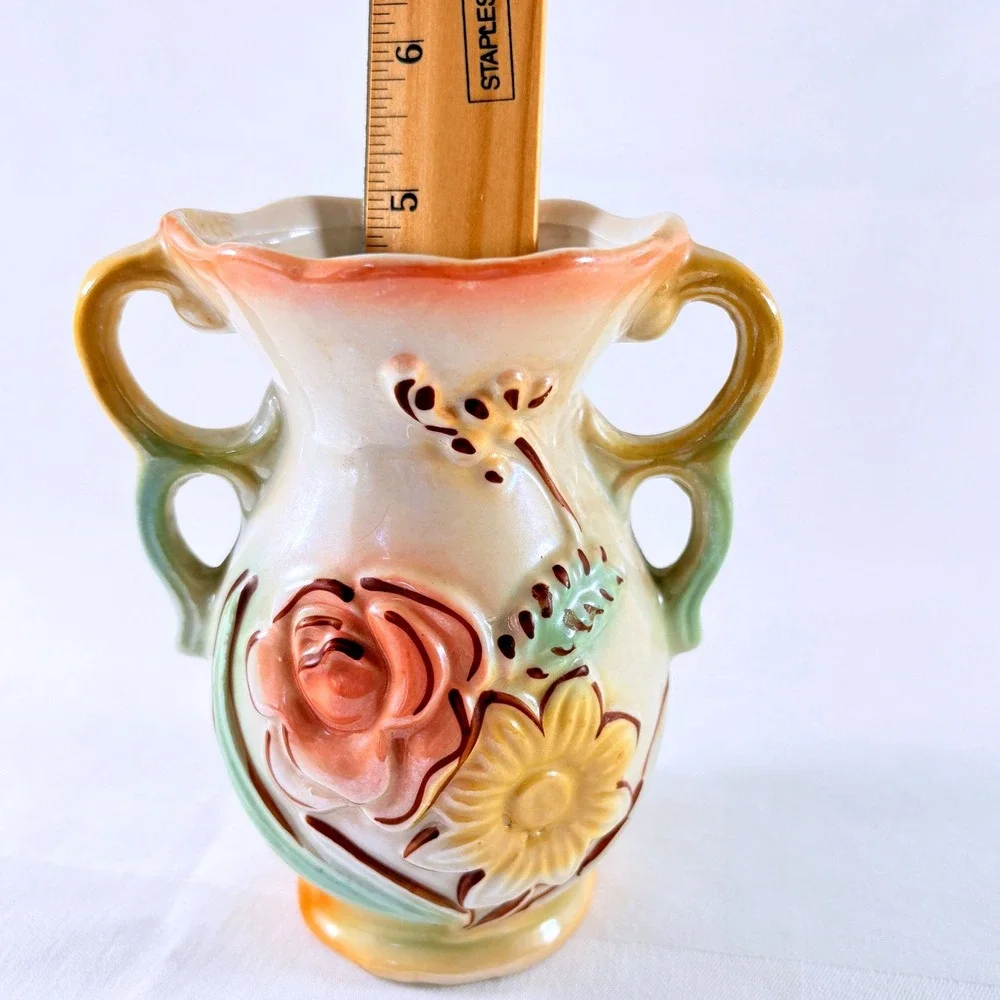 Vintage 3D Embossed Floral Ceramic Lusterware Vase Double Handle Made in Brazil